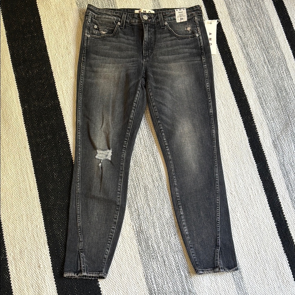 AMO Twist Hem Mid Rise Distressed Ankle Jeans NEW NWT